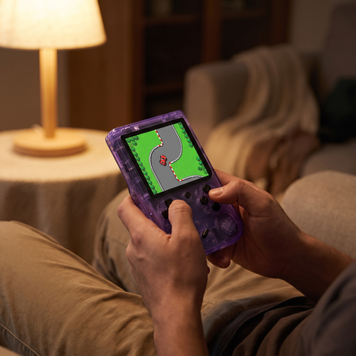 RetroPulse One held in hands on a couch at night